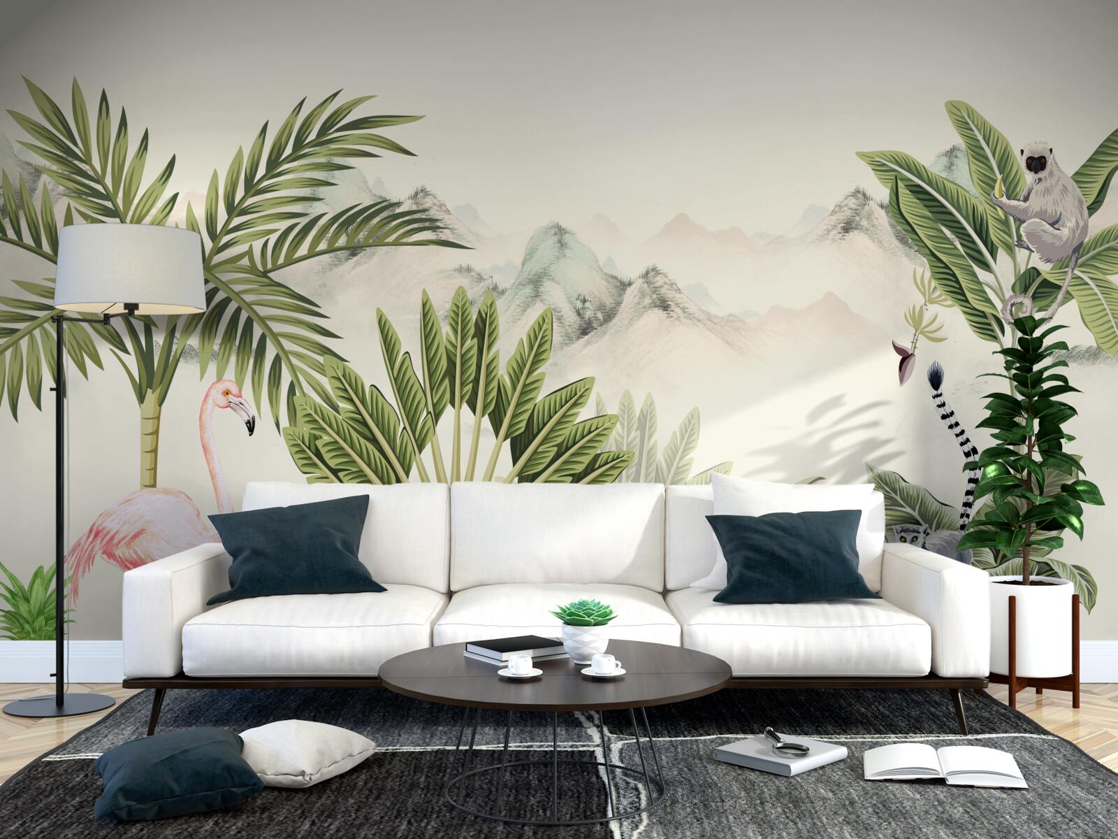 Fototapet tropice exotice și flamingo roz pastel