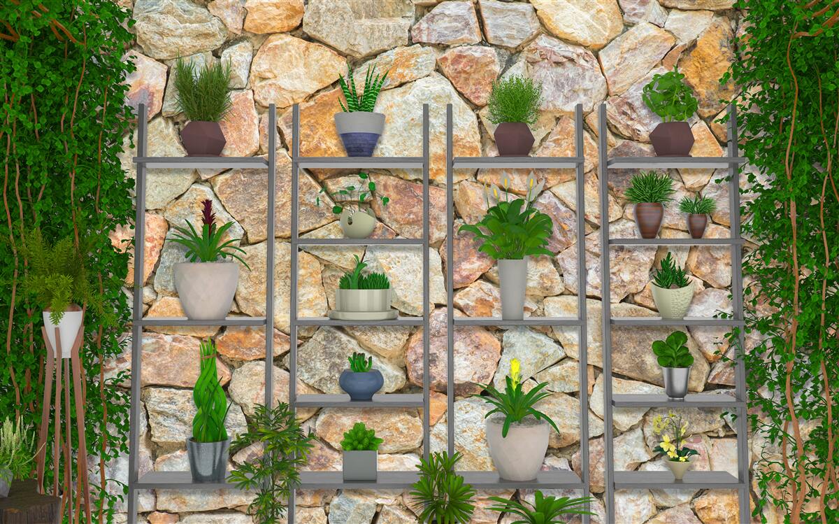 Fototapet plante la ghiveci pe un raft, vopsite în verde