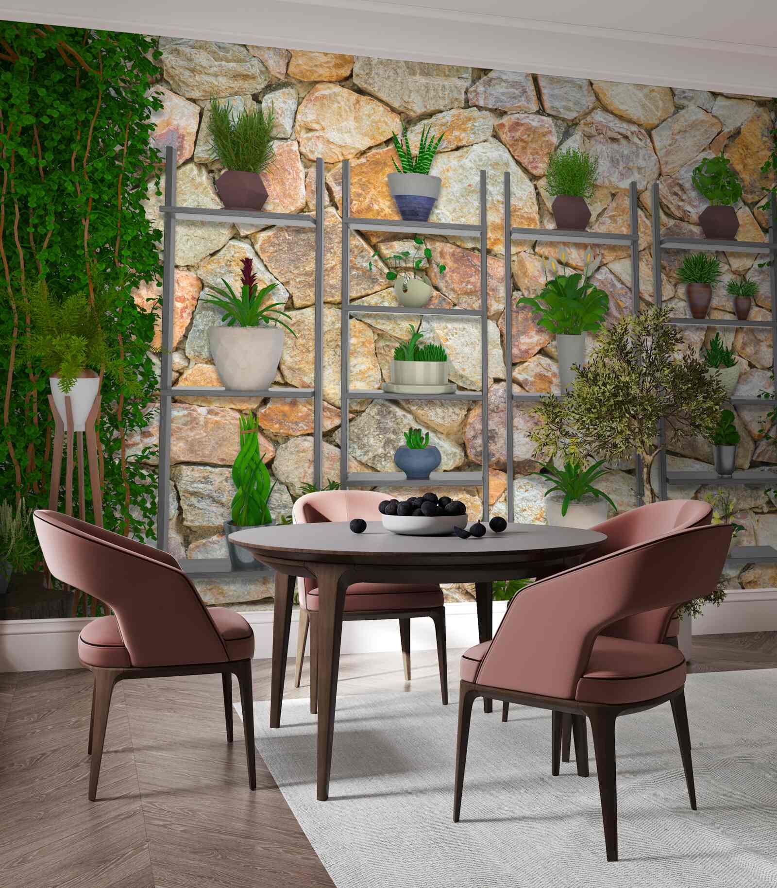 Fototapet plante la ghiveci pe un raft, vopsite în verde