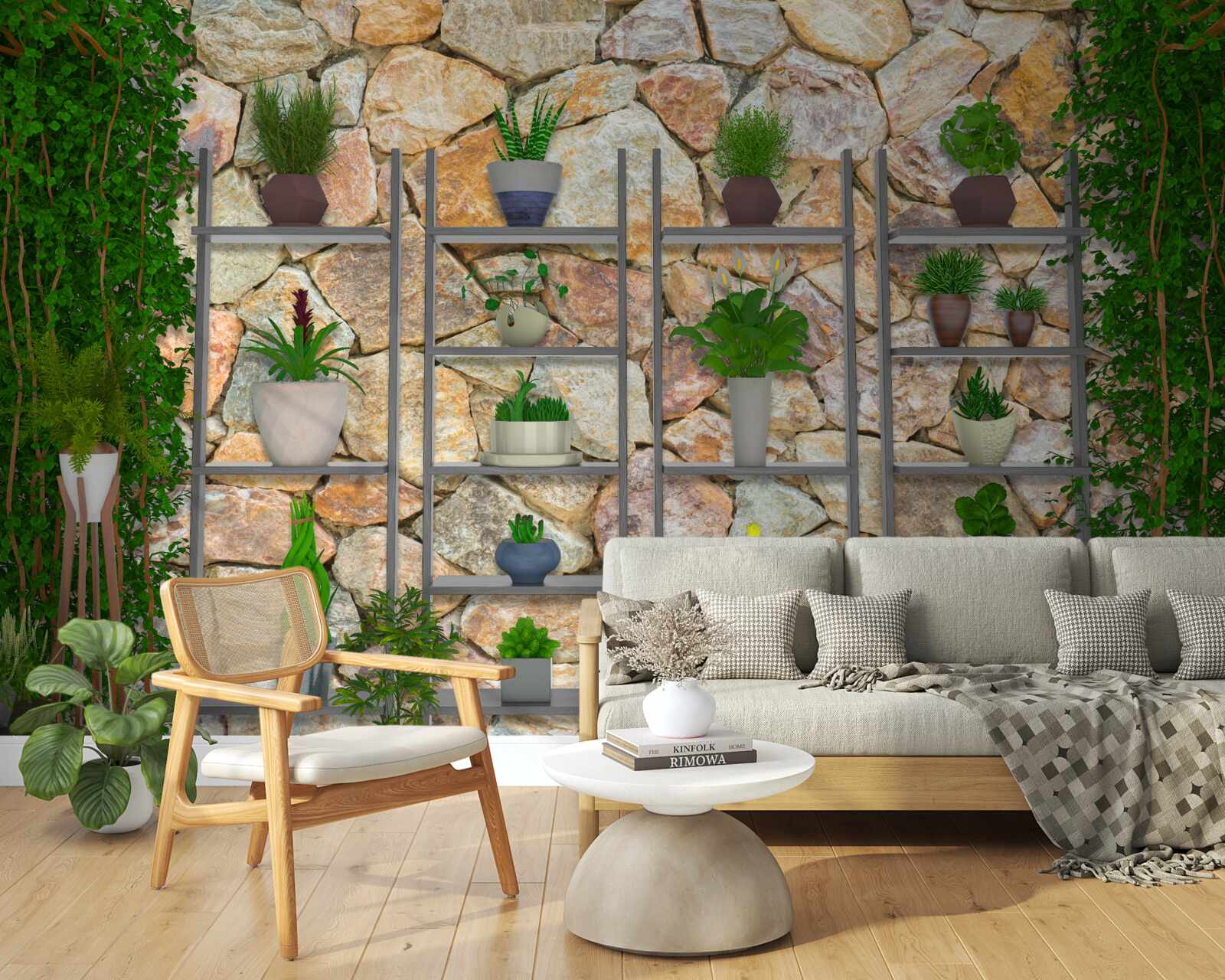 Fototapet plante la ghiveci pe un raft, vopsite în verde