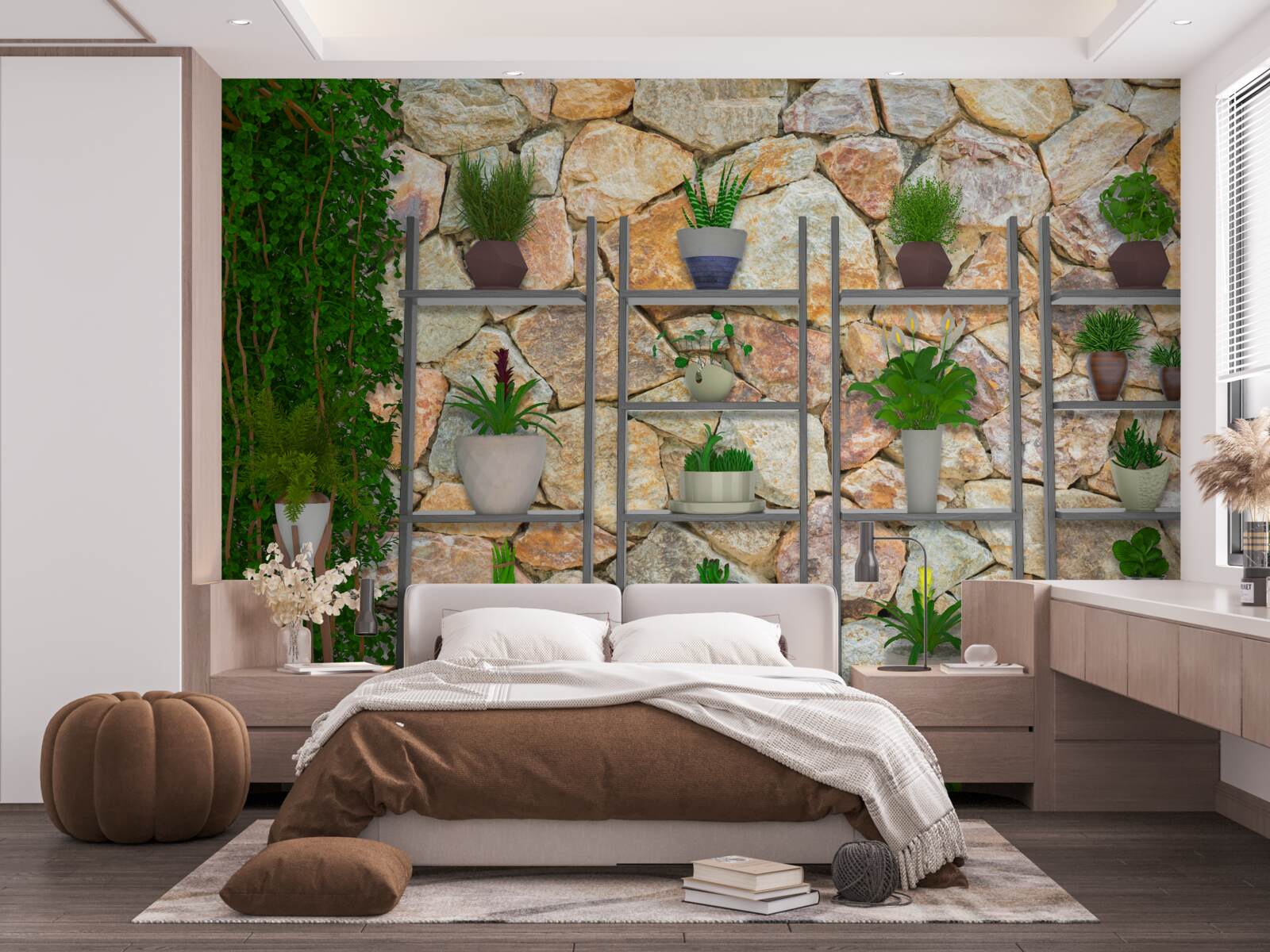 Fototapet plante la ghiveci pe un raft, vopsite în verde