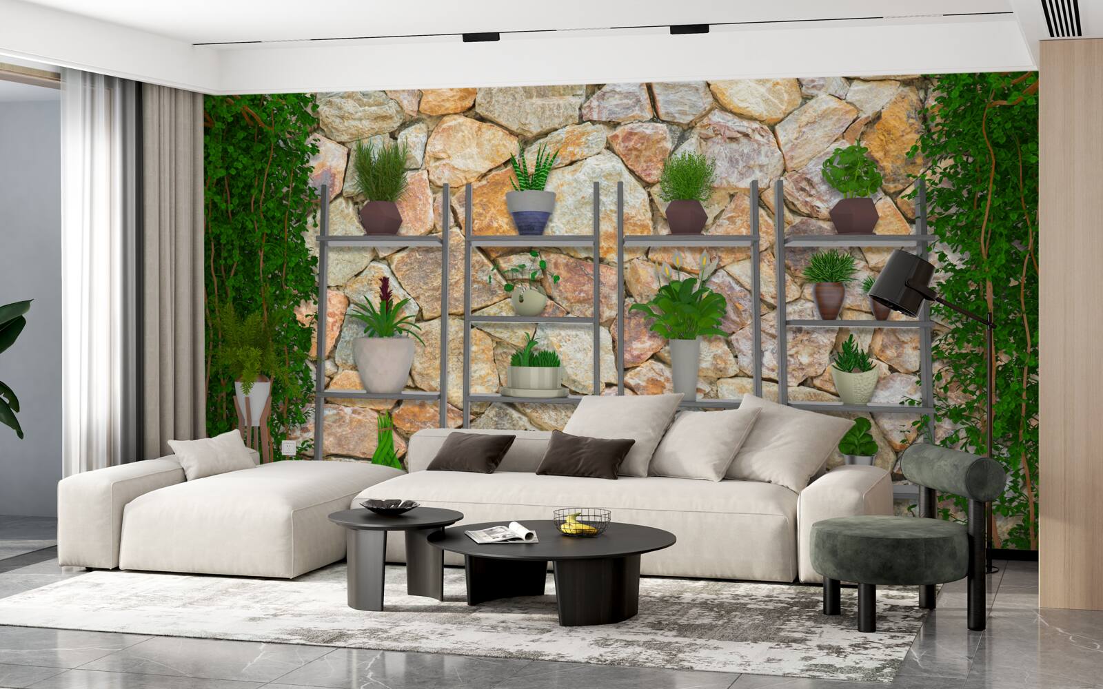 Fototapet plante la ghiveci pe un raft, vopsite în verde