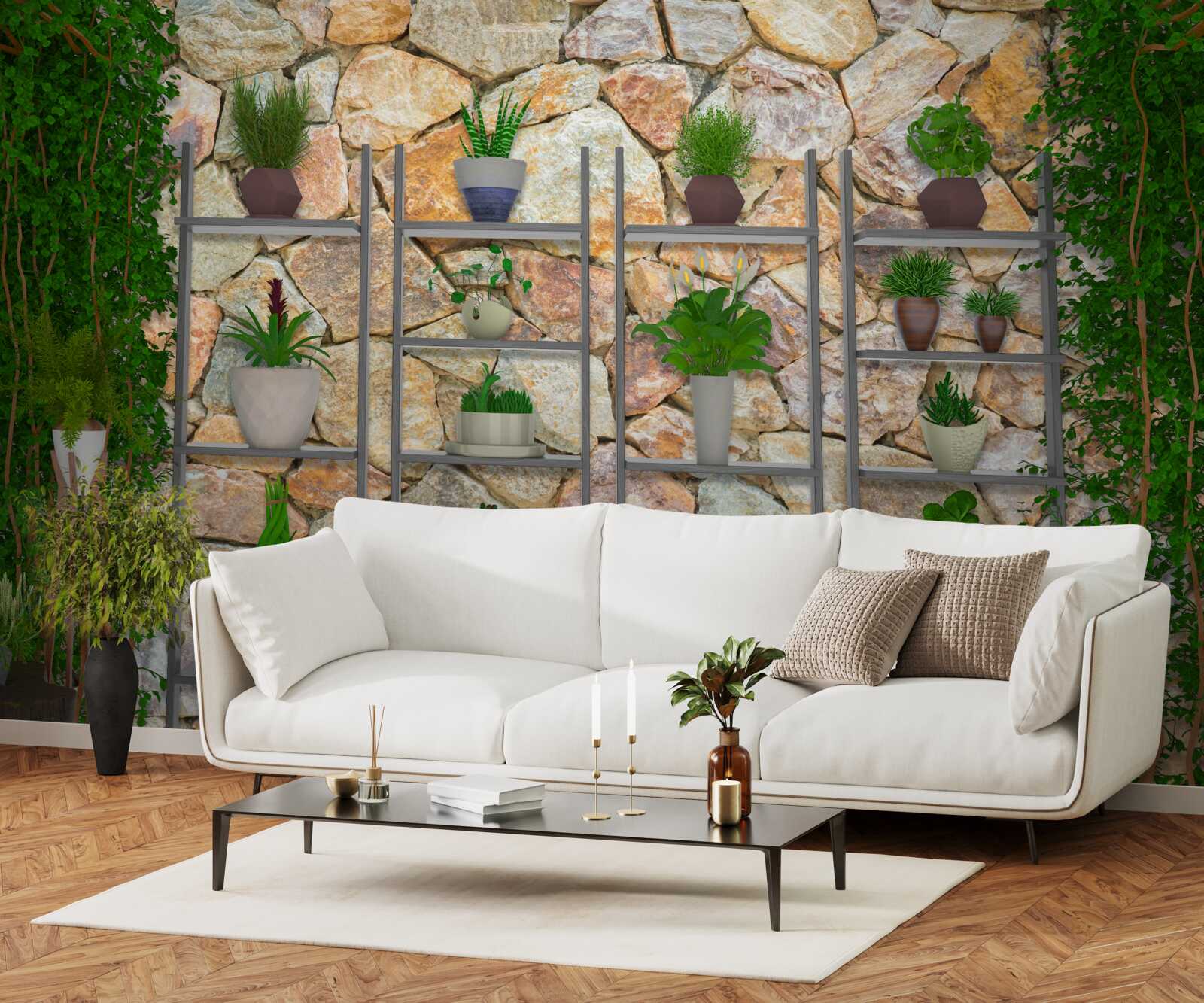 Fototapet plante la ghiveci pe un raft, vopsite în verde