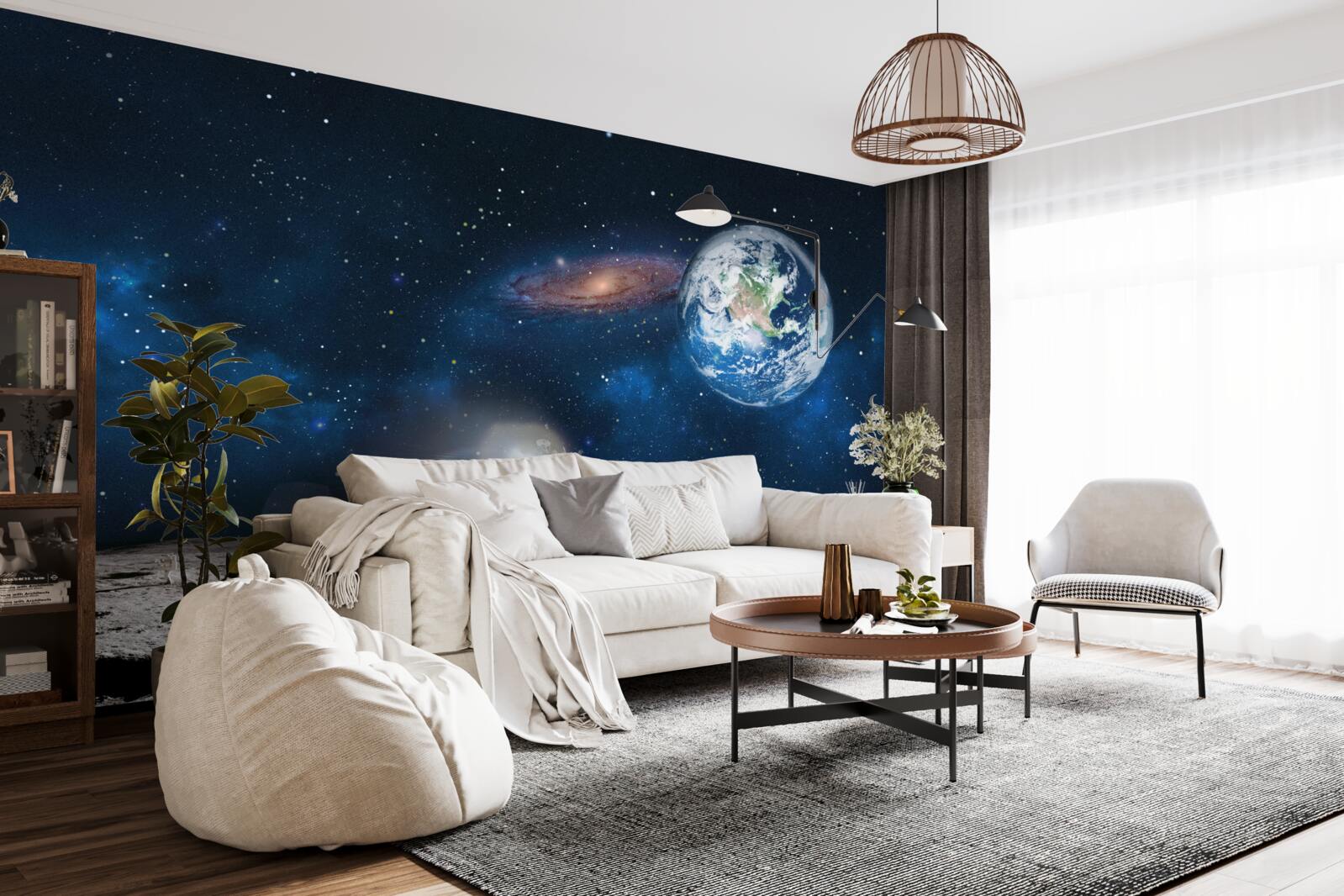 Fototapet vedere a pământului din perspectiva cosmică a lunii cu elemente futuriste