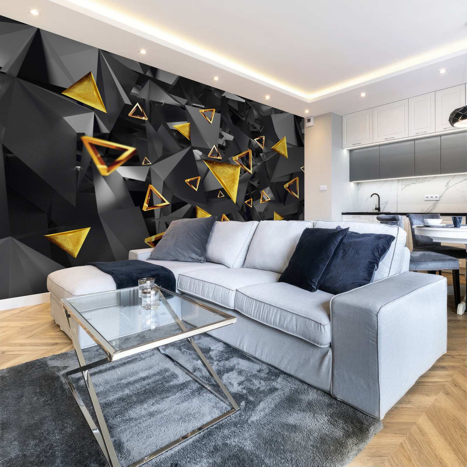 Fototapet triunghiuri aurii care se ridică împotriva întunericului