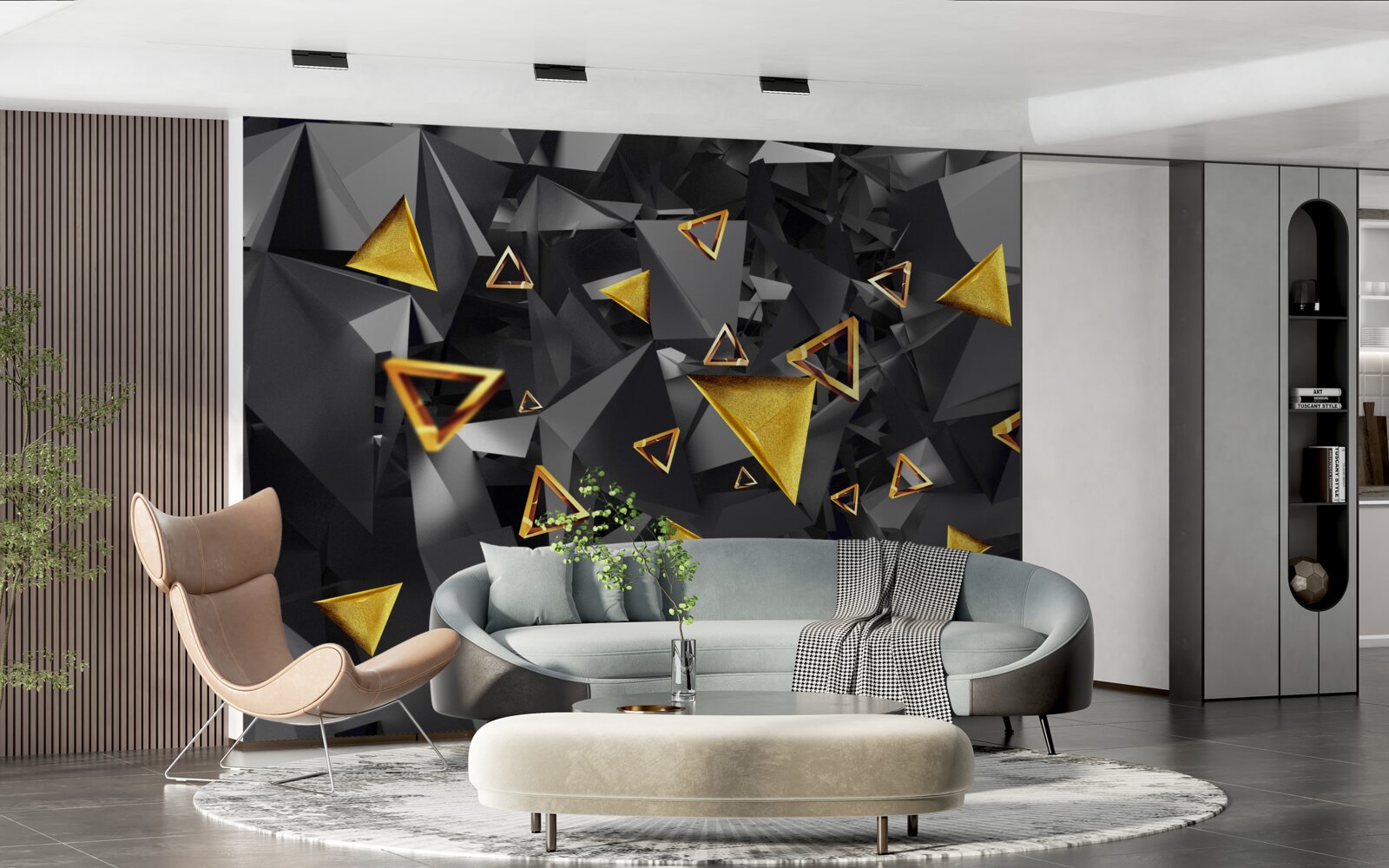 Fototapet triunghiuri aurii care se ridică împotriva întunericului