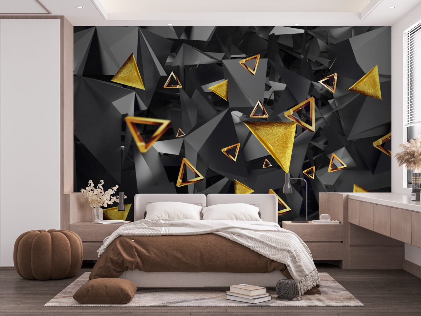 Fototapet triunghiuri aurii care se ridică împotriva întunericului