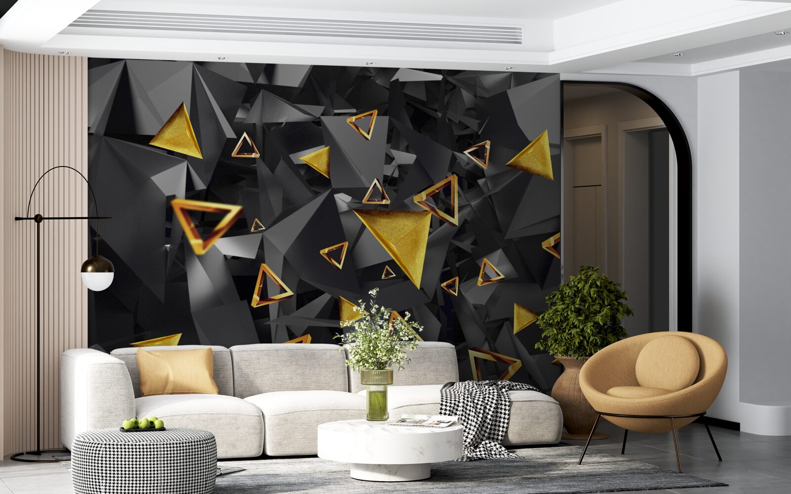 Fototapet triunghiuri aurii care se ridică împotriva întunericului