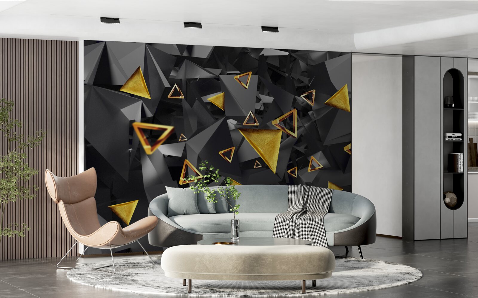 Fototapet triunghiuri aurii care se ridică împotriva întunericului