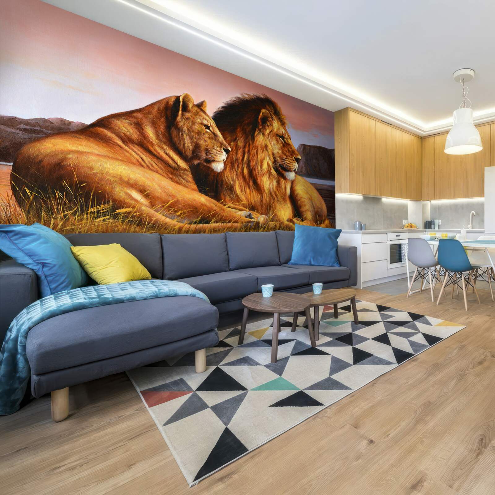 Fototapet familia de lei își supraveghează copiii