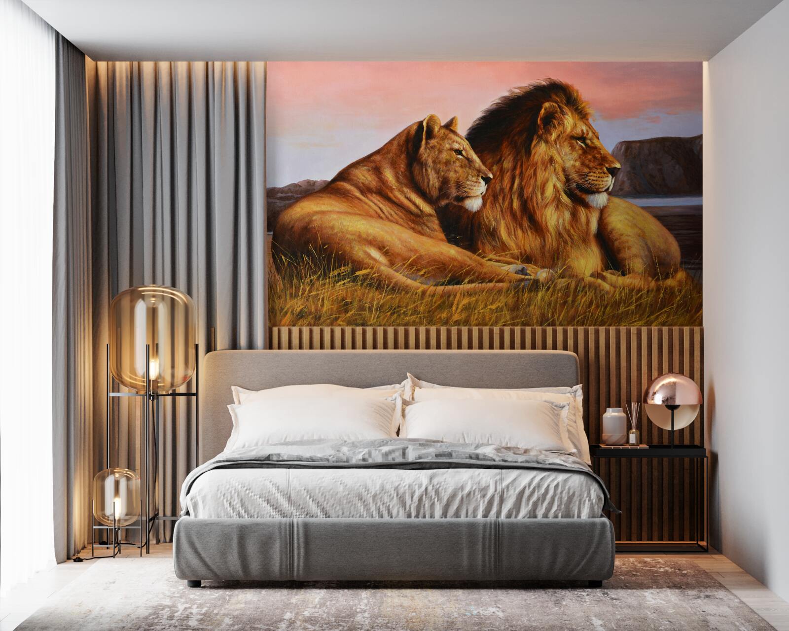 Fototapet familia de lei își supraveghează copiii