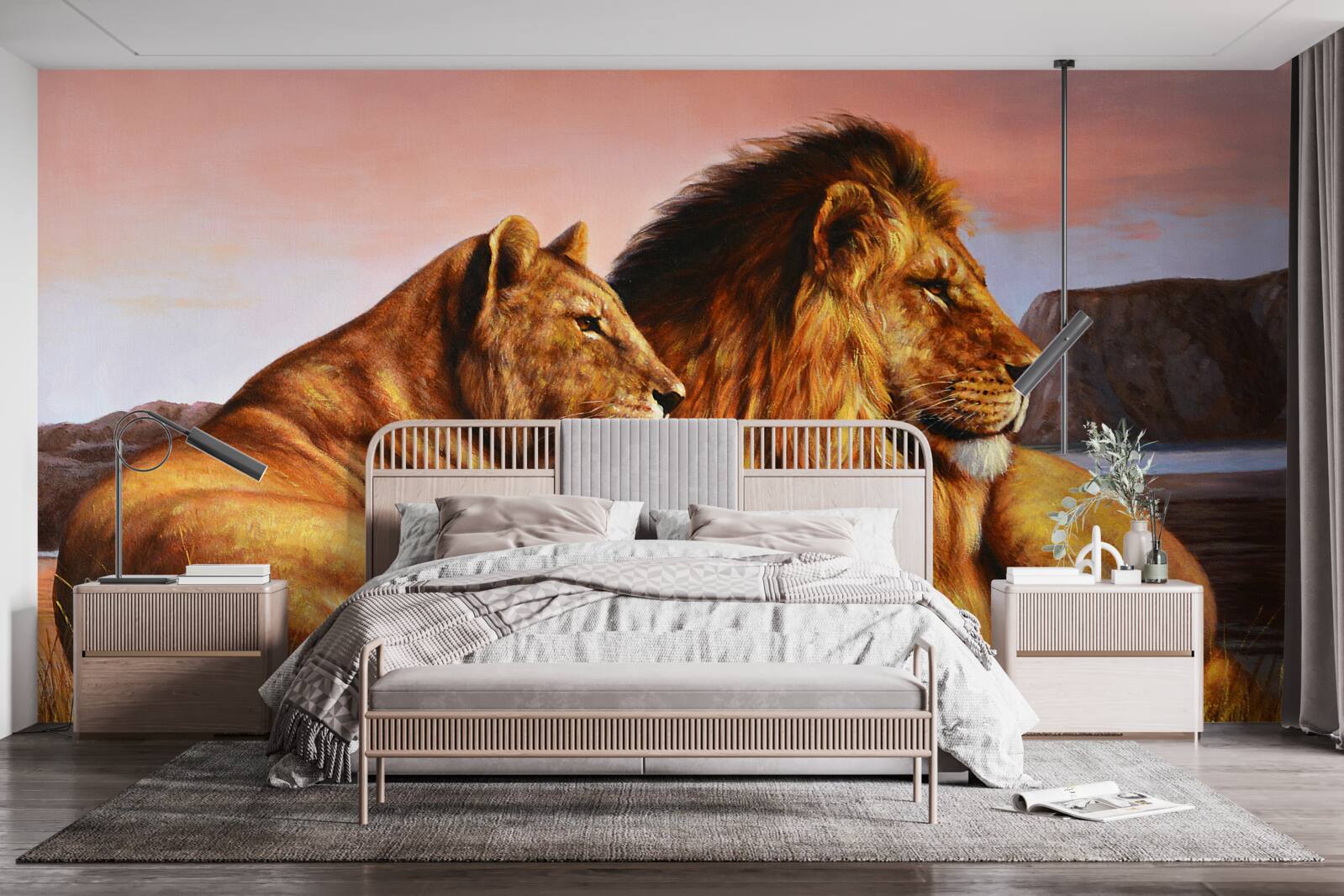 Fototapet familia de lei își supraveghează copiii