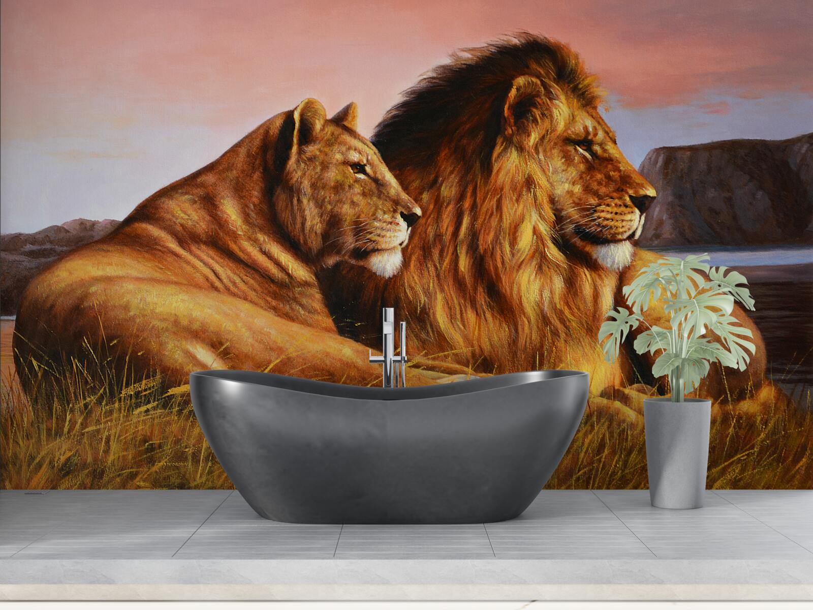 Fototapet familia de lei își supraveghează copiii