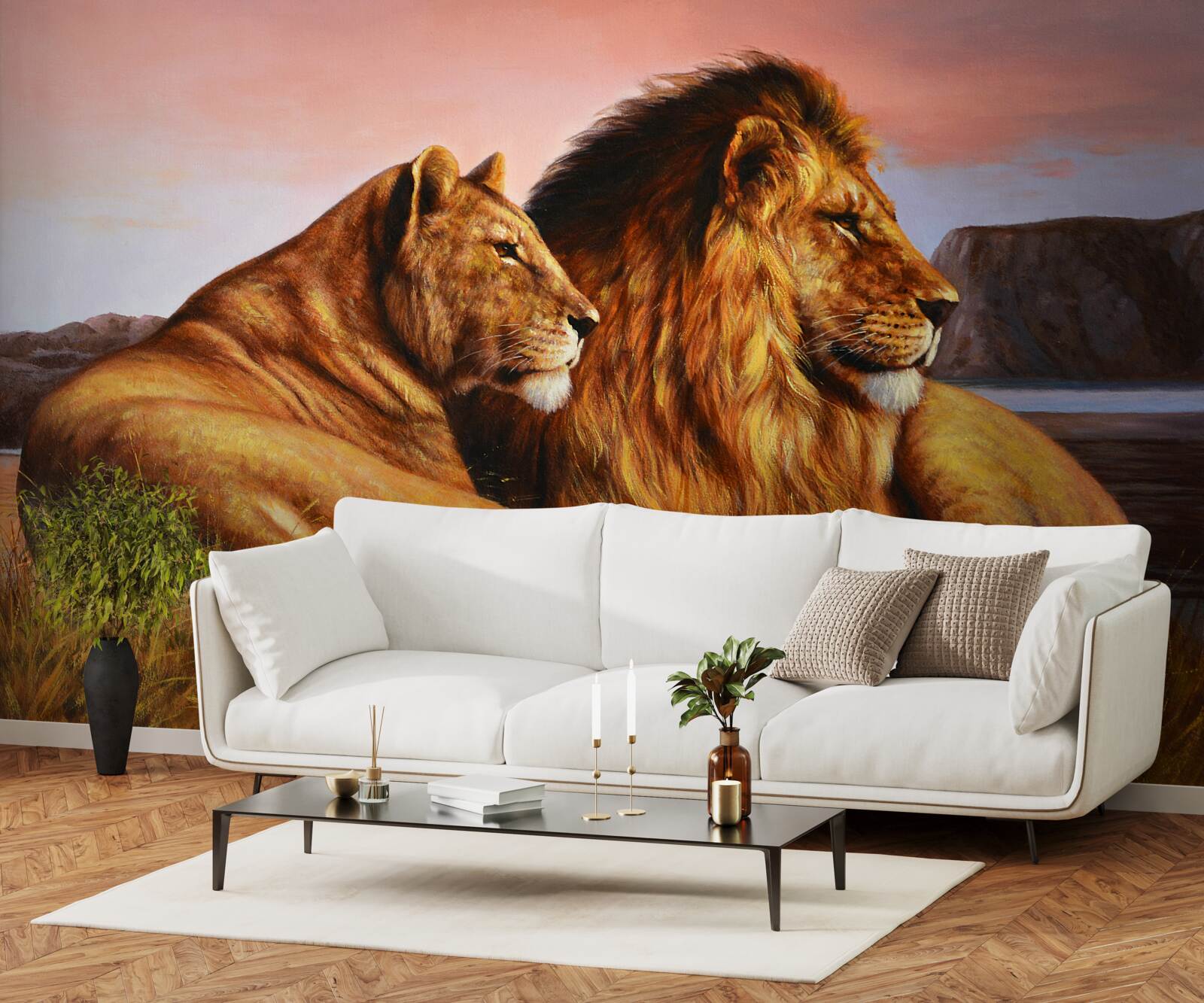 Fototapet familia de lei își supraveghează copiii