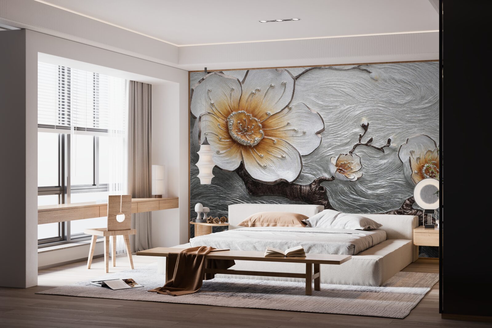 Fototapet Magnolia albă ca zăpada deasupra ceții apoase este de o frumusețe captivantă