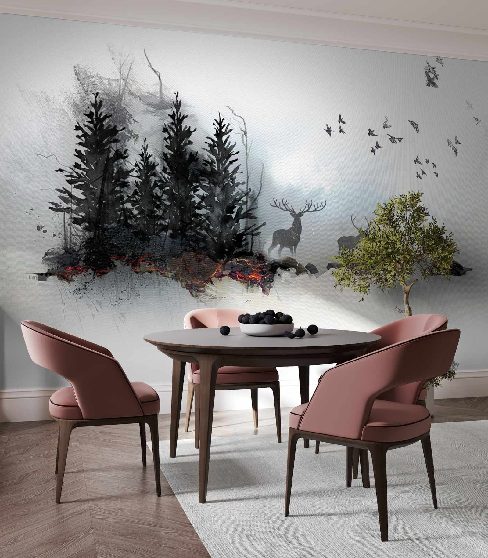 Fototapet stol de păsări își ia adio de la căprioară