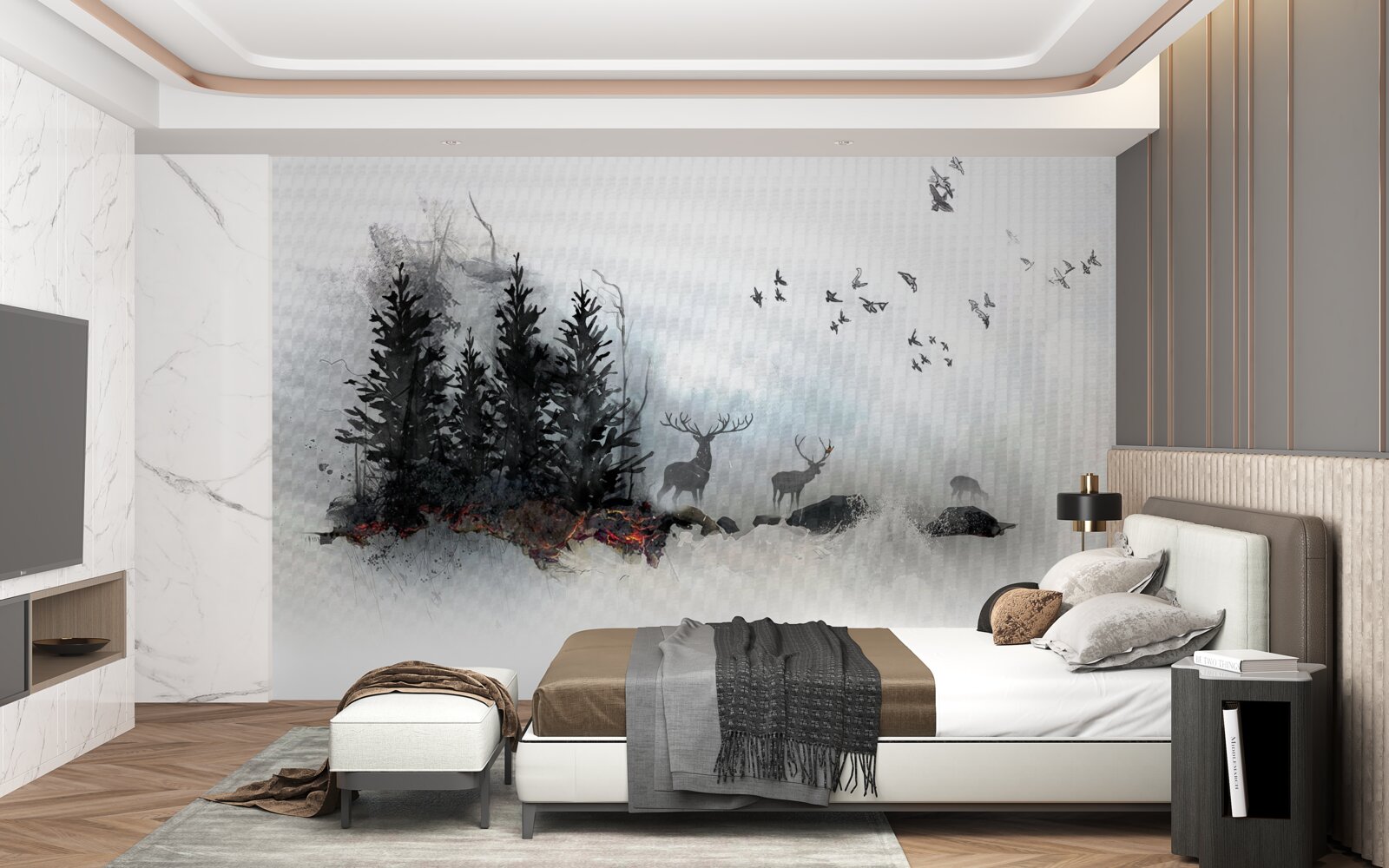 Fototapet stol de păsări își ia adio de la căprioară