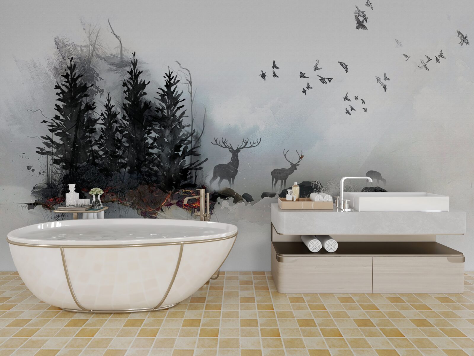 Fototapet stol de păsări își ia adio de la căprioară