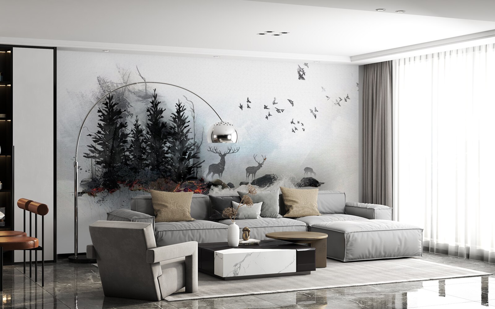 Fototapet stol de păsări își ia adio de la căprioară