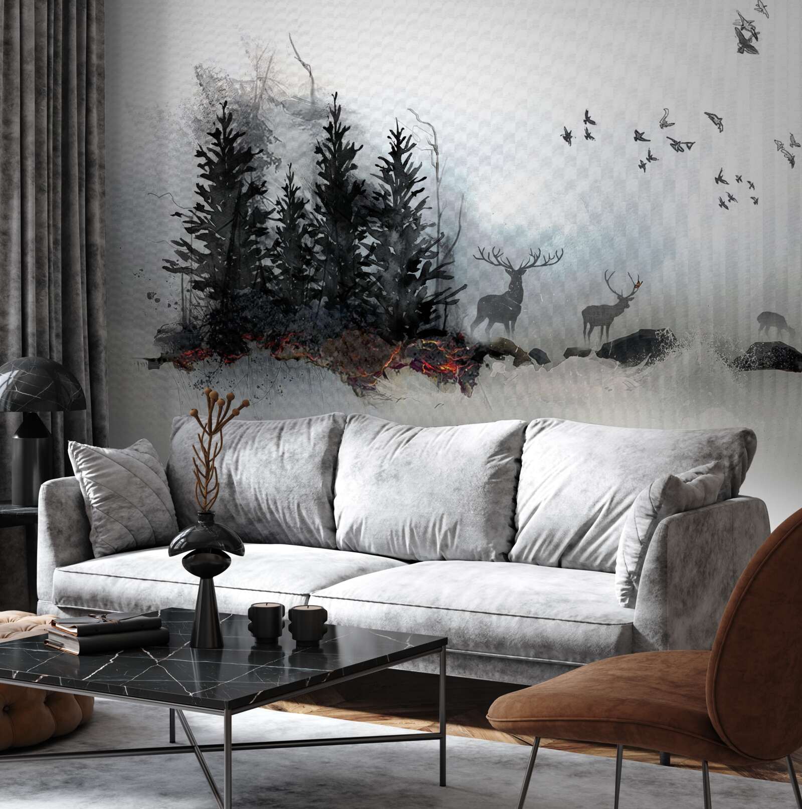 Fototapet stol de păsări își ia adio de la căprioară