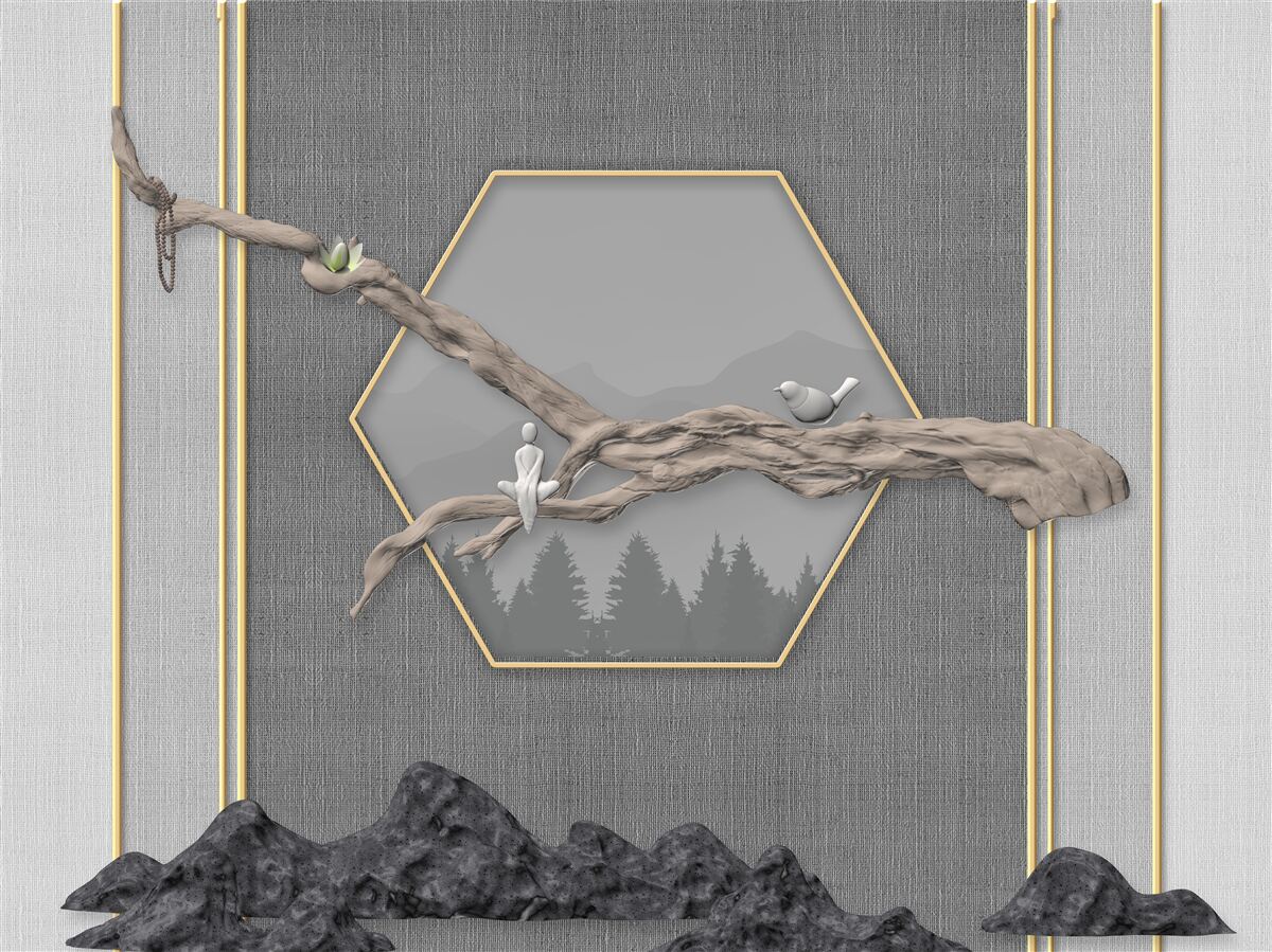 Fototapet păsări pe o ramură de bonsai deasupra vârfurilor întunecate ale munților