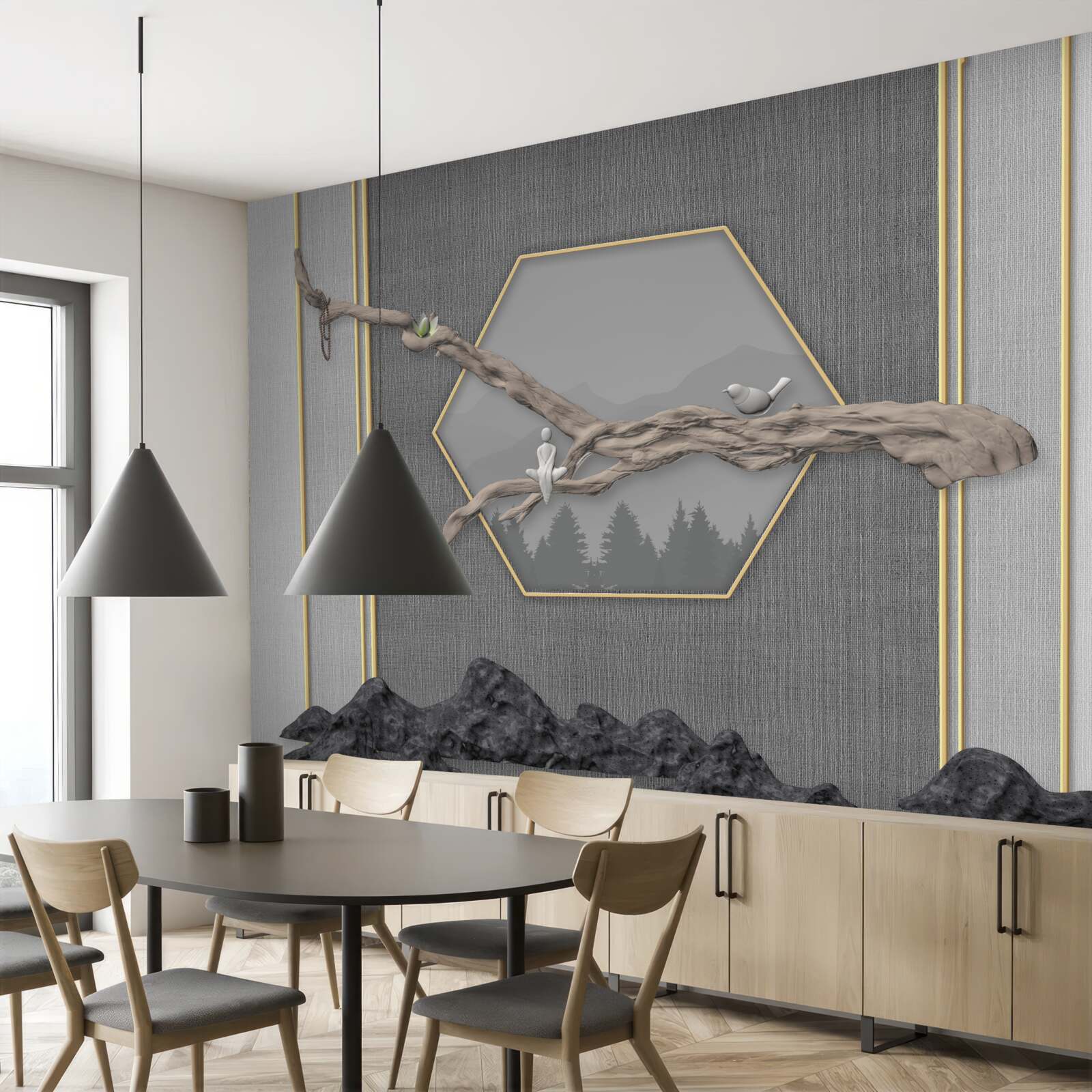 Fototapet păsări pe o ramură de bonsai deasupra vârfurilor întunecate ale munților