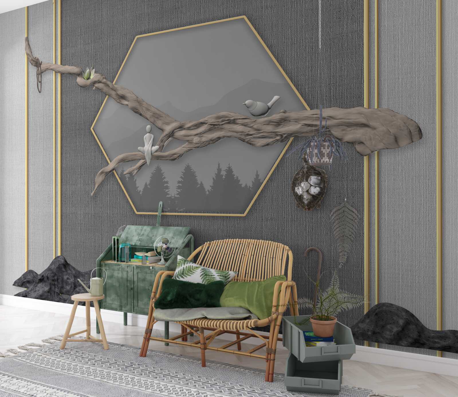 Fototapet păsări pe o ramură de bonsai deasupra vârfurilor întunecate ale munților