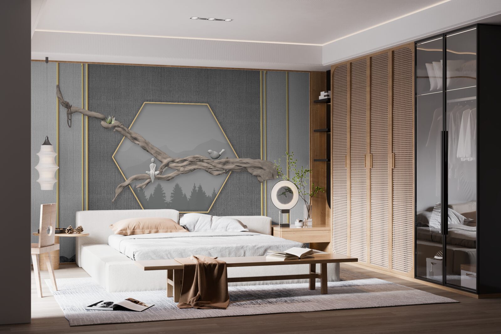 Fototapet păsări pe o ramură de bonsai deasupra vârfurilor întunecate ale munților