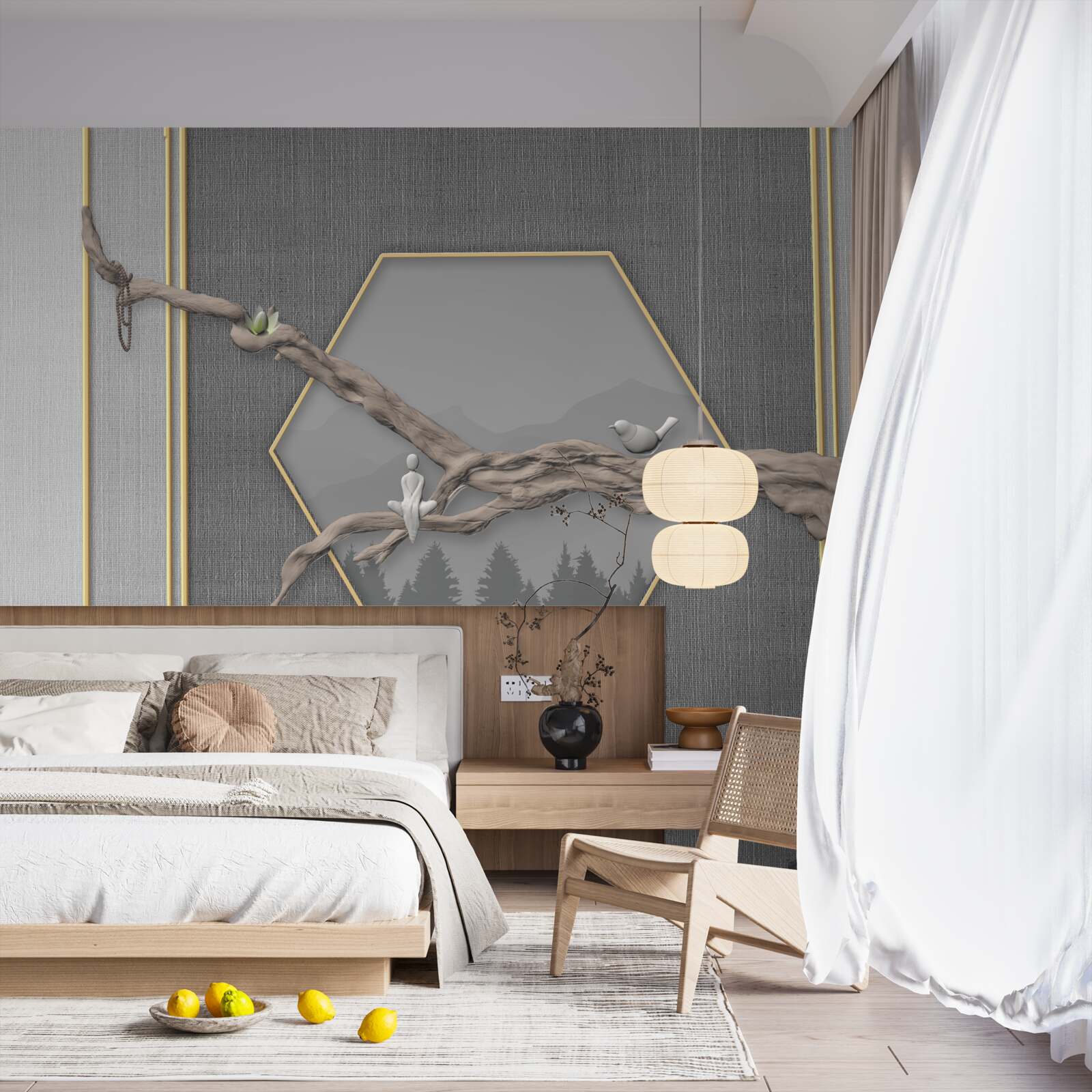 Fototapet păsări pe o ramură de bonsai deasupra vârfurilor întunecate ale munților