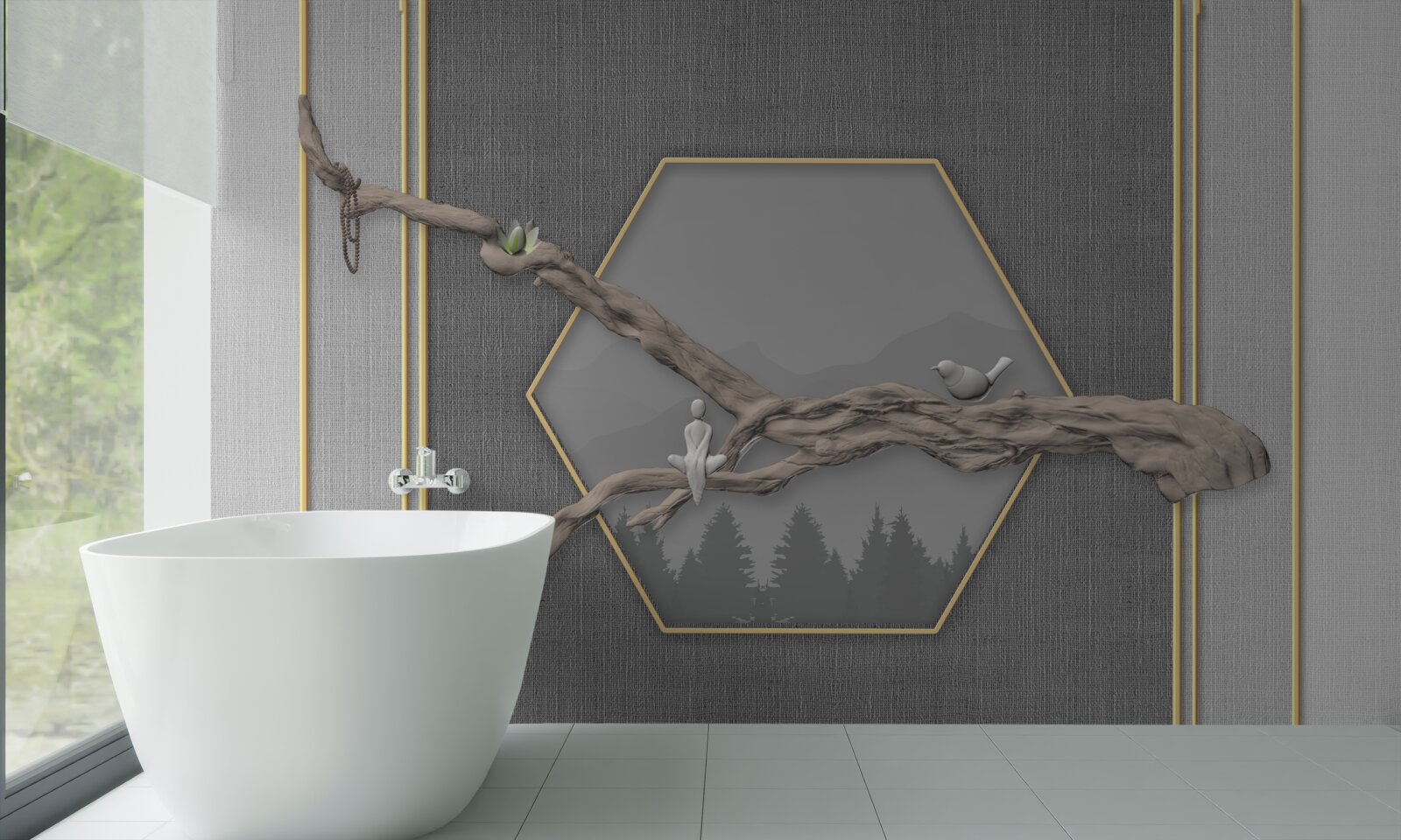 Fototapet păsări pe o ramură de bonsai deasupra vârfurilor întunecate ale munților