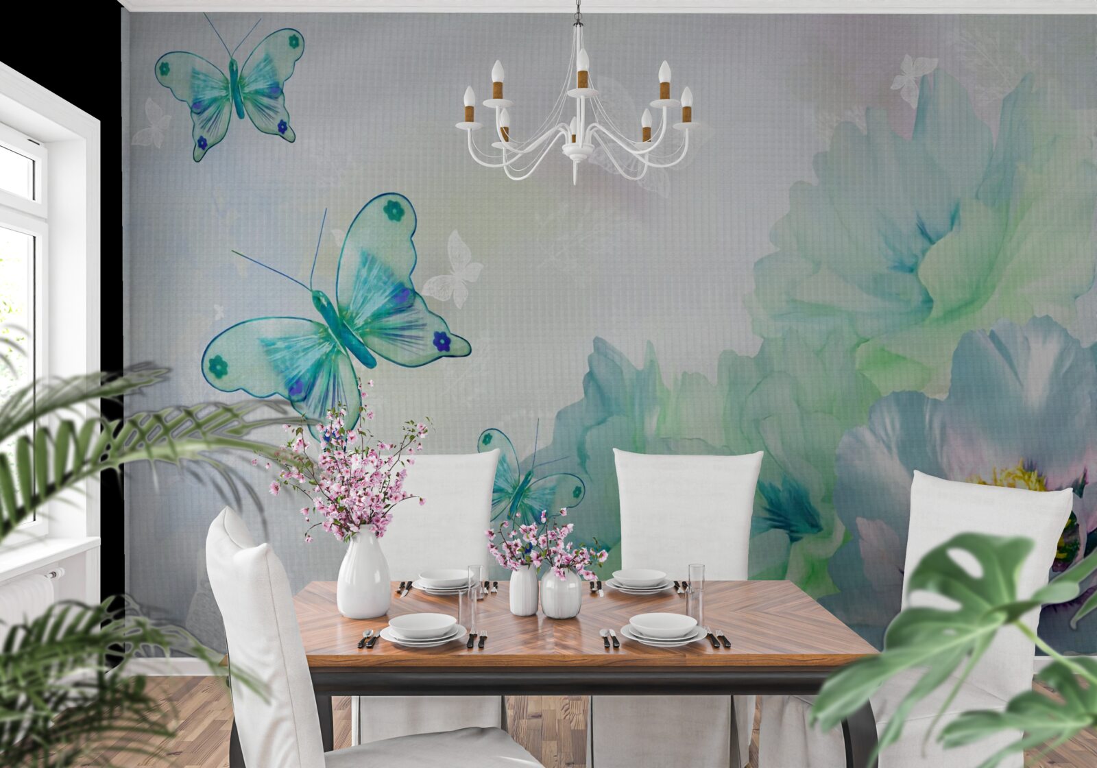 Fototapet flori gingașe și fluturi înaripați