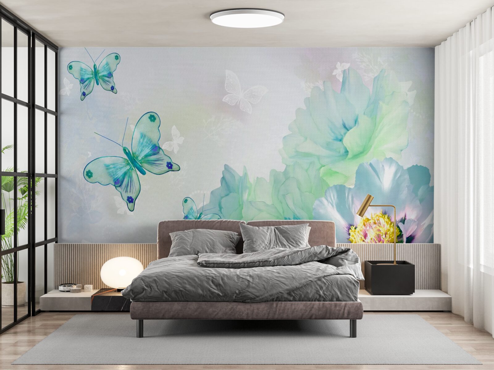 Fototapet flori gingașe și fluturi înaripați