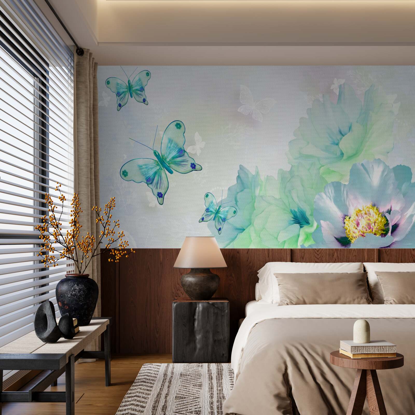 Fototapet flori gingașe și fluturi înaripați