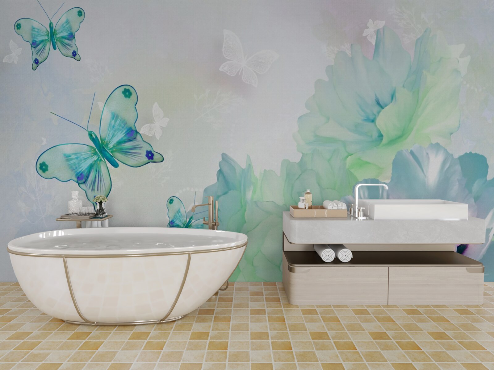 Fototapet flori gingașe și fluturi înaripați