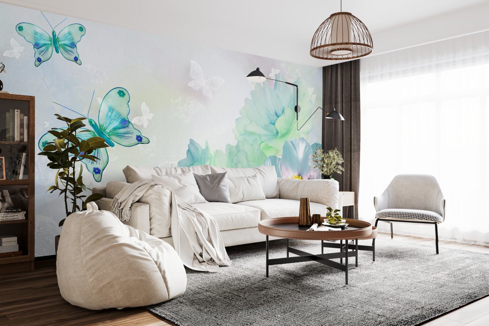 Fototapet flori gingașe și fluturi înaripați