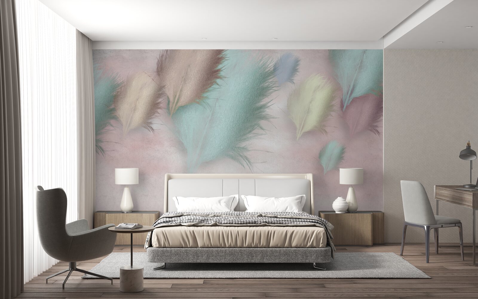 Fototapet pene în diferite nuanțe plutesc pe un cer roz