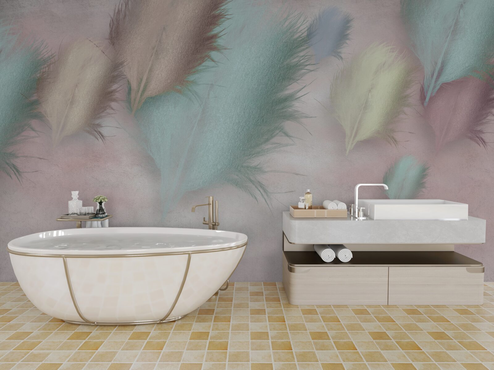 Fototapet pene în diferite nuanțe plutesc pe un cer roz