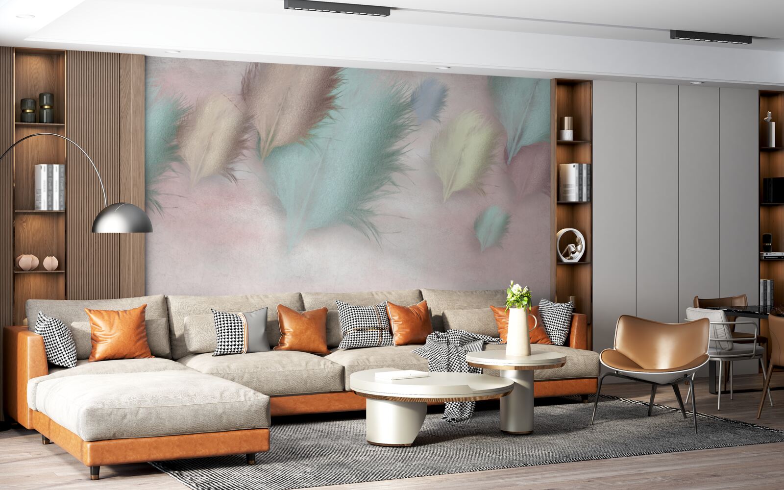 Fototapet pene în diferite nuanțe plutesc pe un cer roz