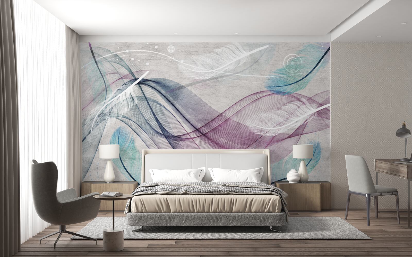 Fototapet abstract în culorile penelor și valurilor