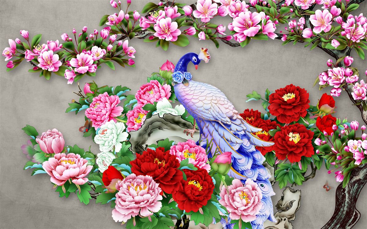 Fototapet păun cu penaj frumos pe ramuri de magnolii înflorite și trandafiri