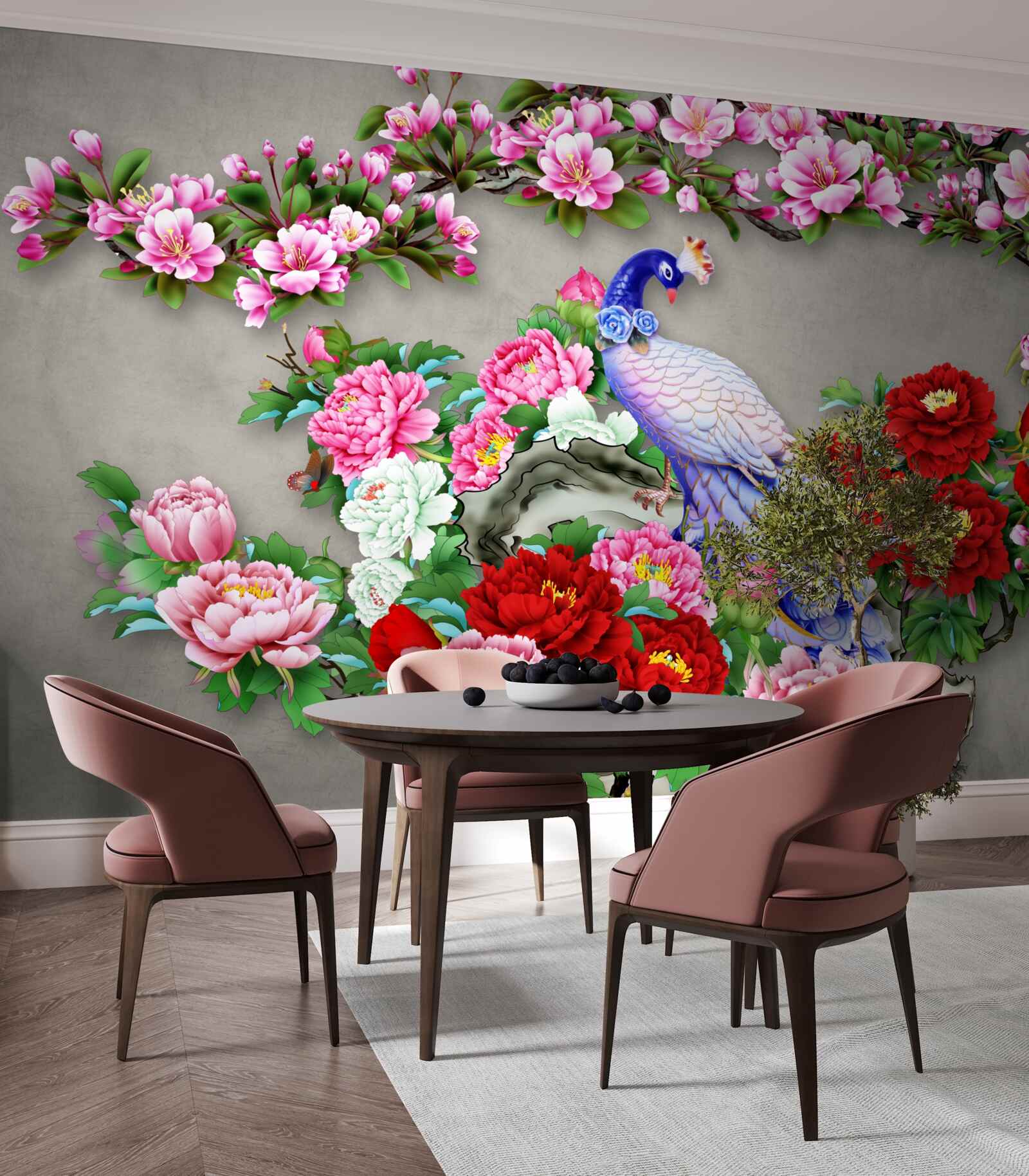 Fototapet păun cu penaj frumos pe ramuri de magnolii înflorite și trandafiri