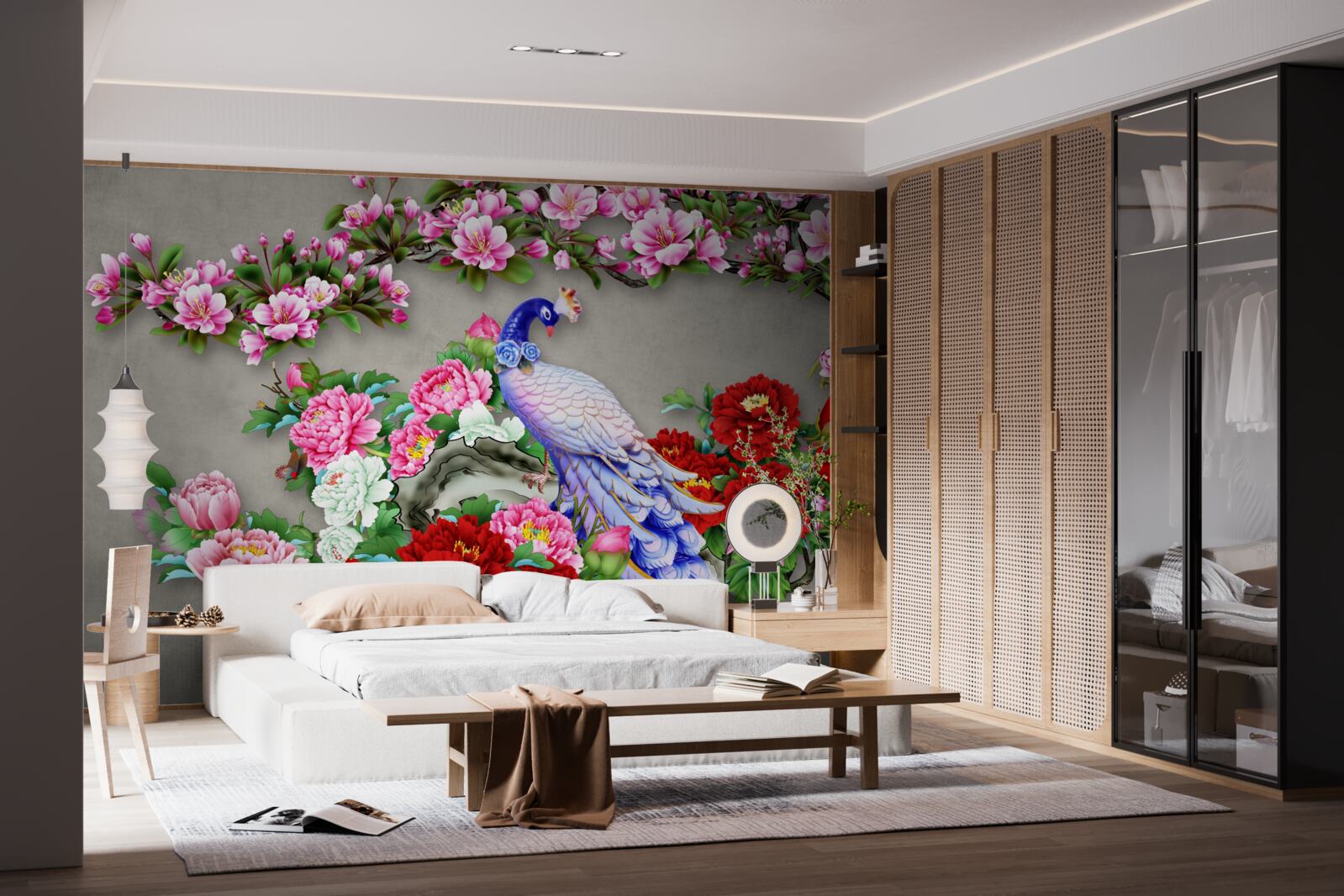 Fototapet păun cu penaj frumos pe ramuri de magnolii înflorite și trandafiri