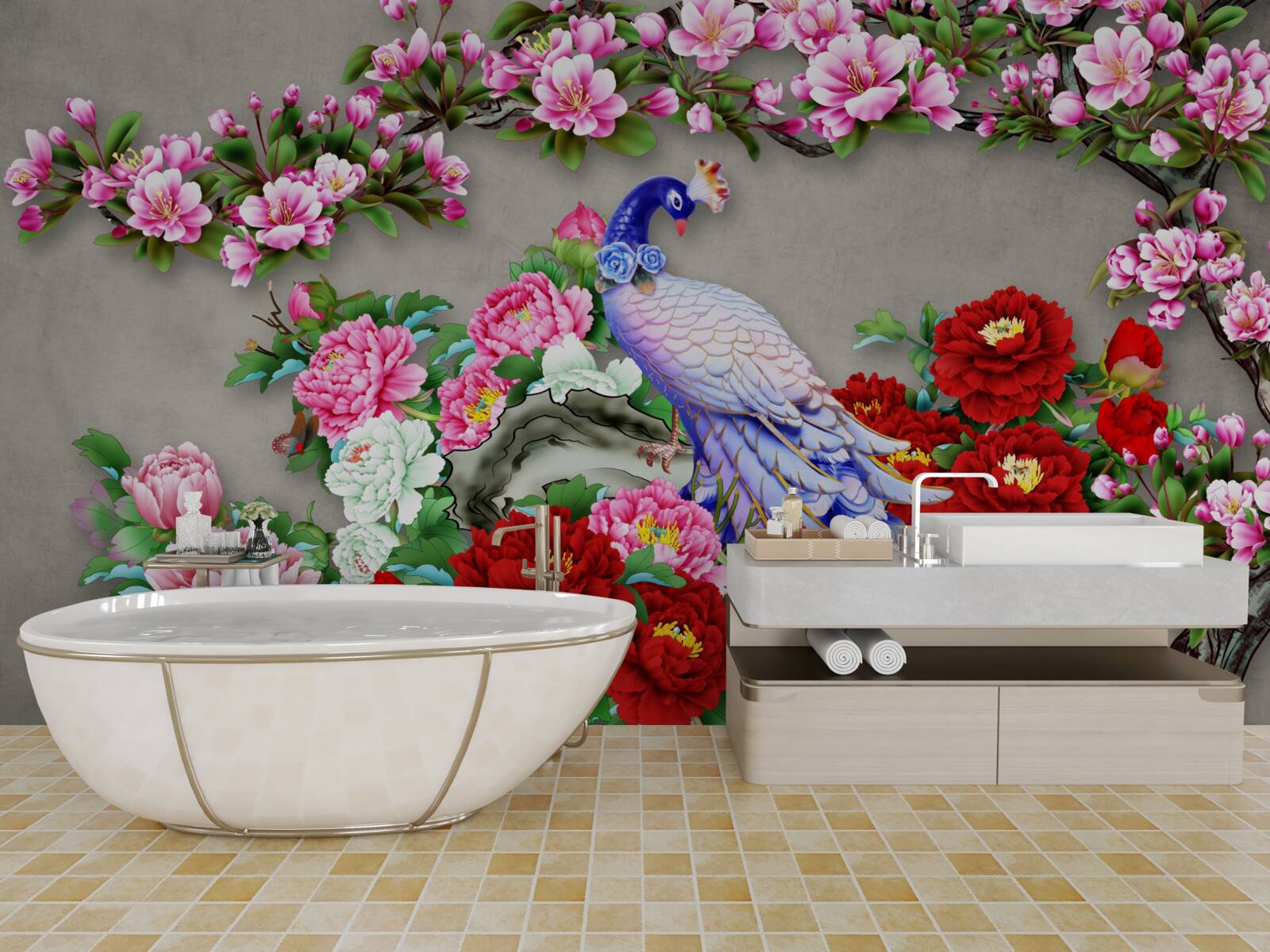 Fototapet păun cu penaj frumos pe ramuri de magnolii înflorite și trandafiri