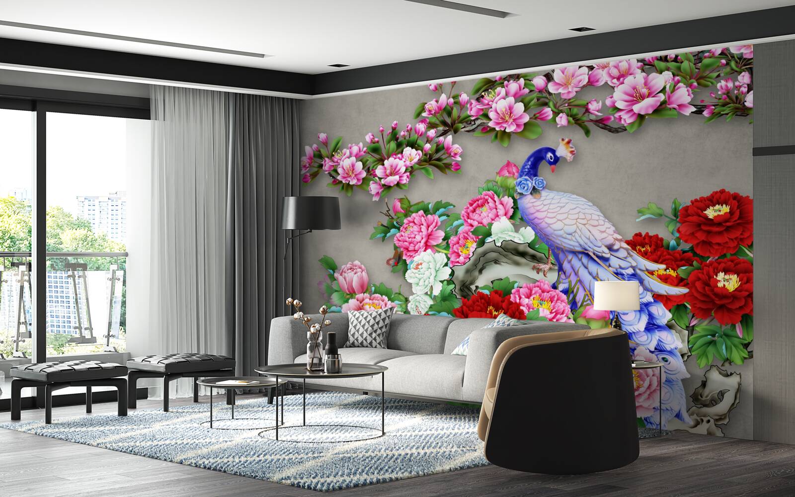 Fototapet păun cu penaj frumos pe ramuri de magnolii înflorite și trandafiri