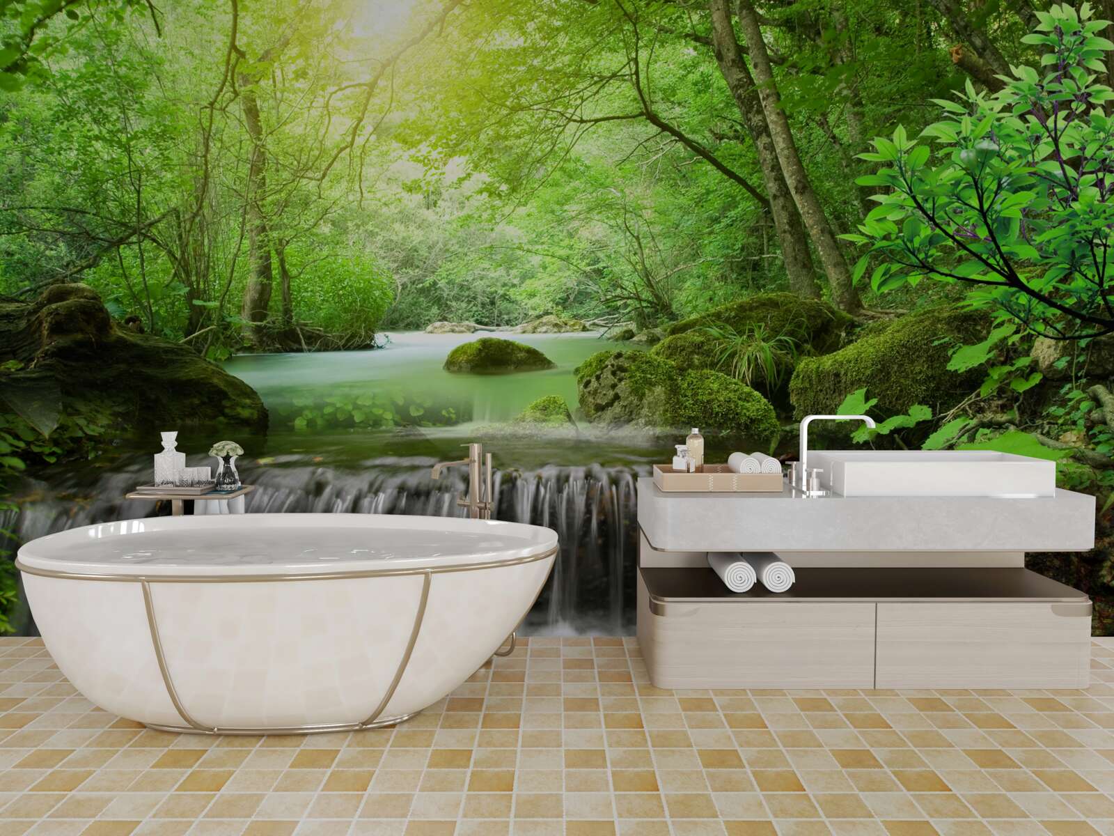 Fototapet razele soarelui ajung la cascadă