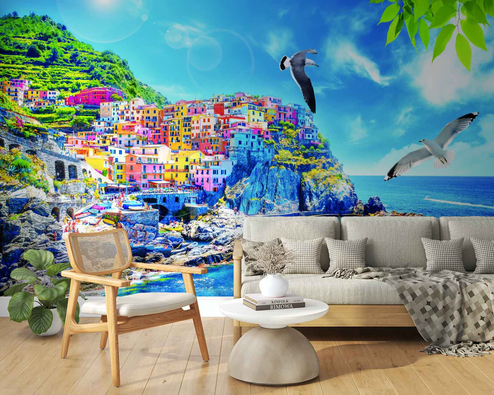 Fototapet oraș mic lângă mare, pe stânci frumoase, scăldat în lumină strălucitoare