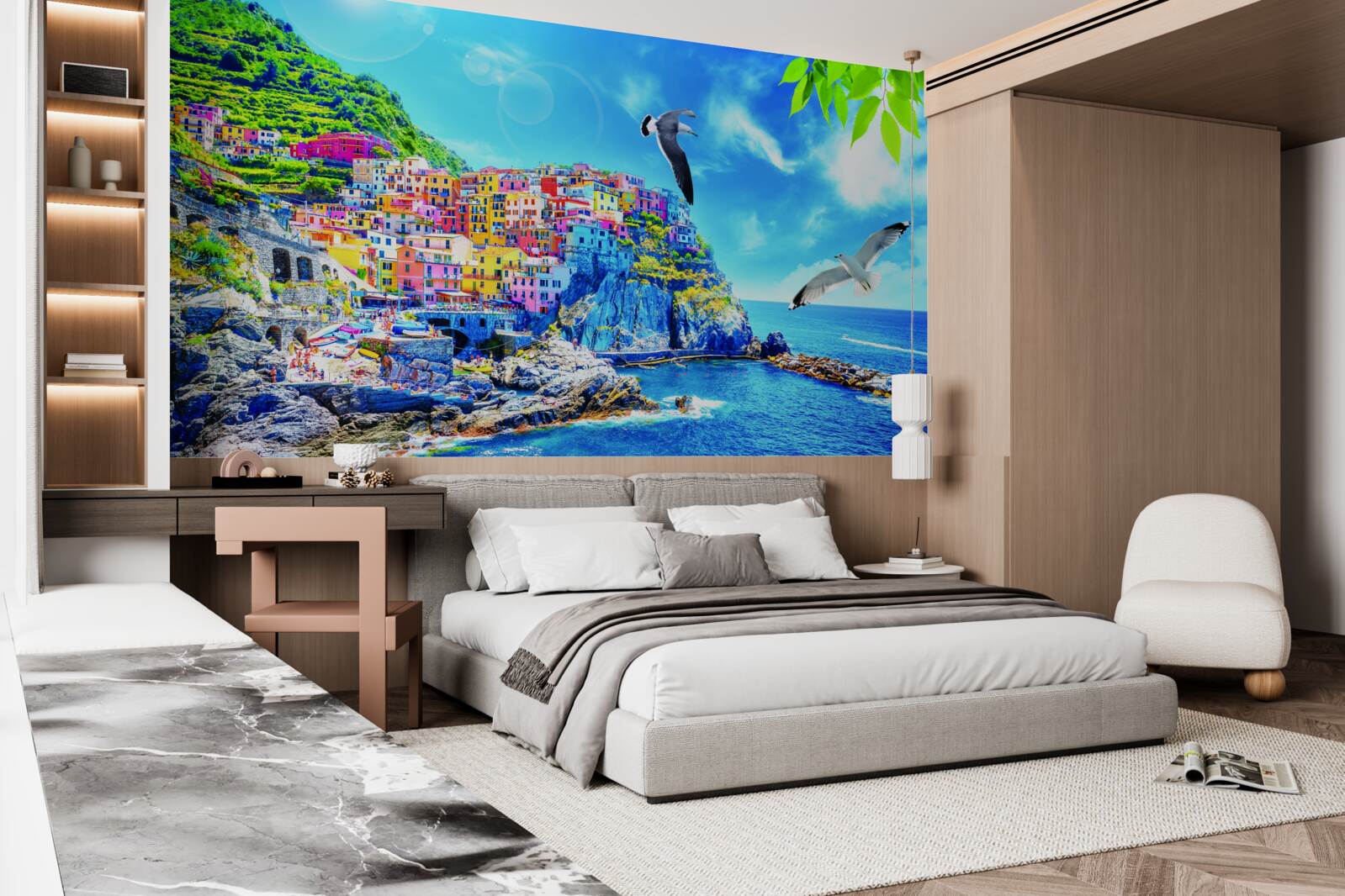 Fototapet oraș mic lângă mare, pe stânci frumoase, scăldat în lumină strălucitoare