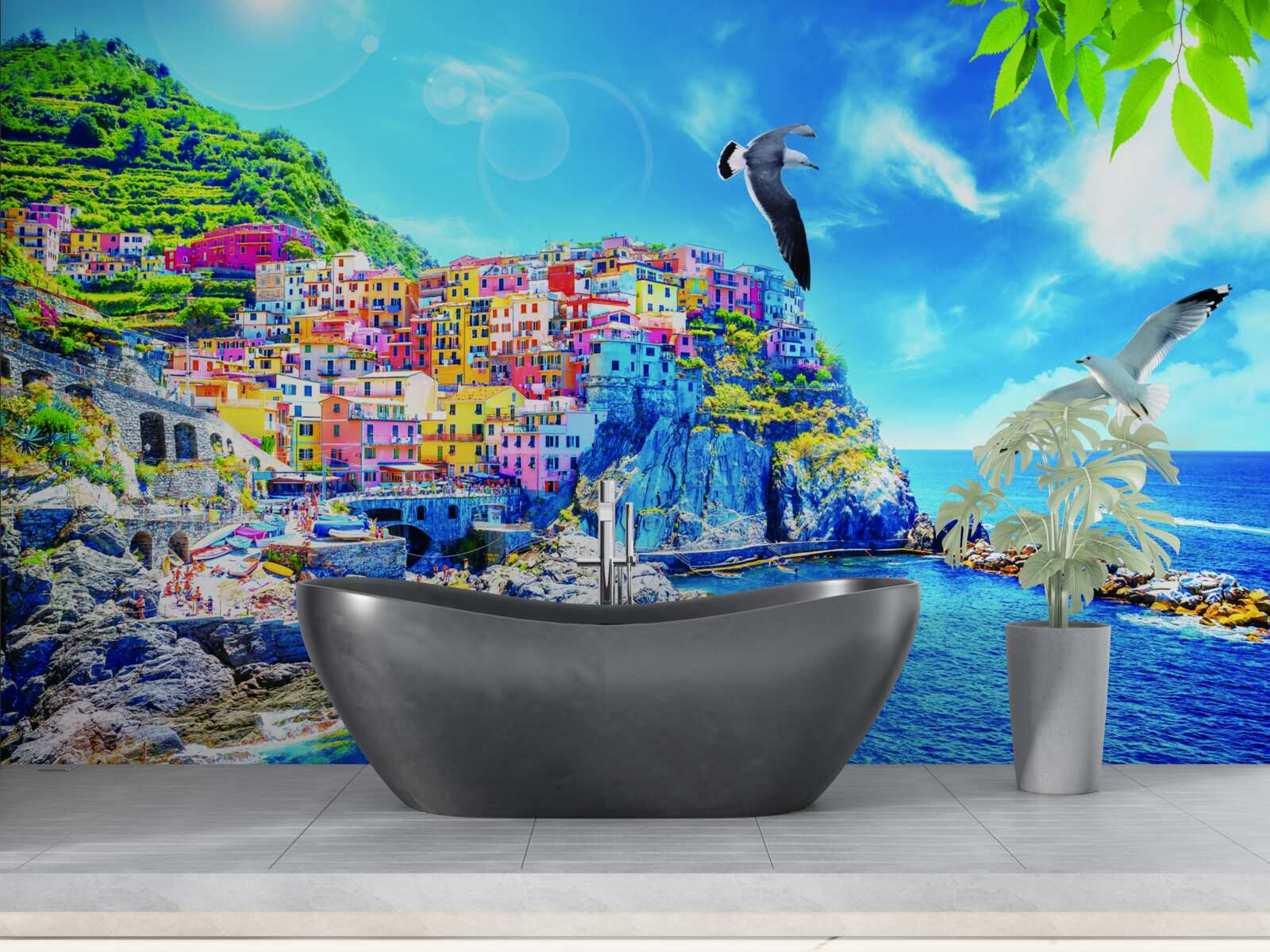 Fototapet oraș mic lângă mare, pe stânci frumoase, scăldat în lumină strălucitoare