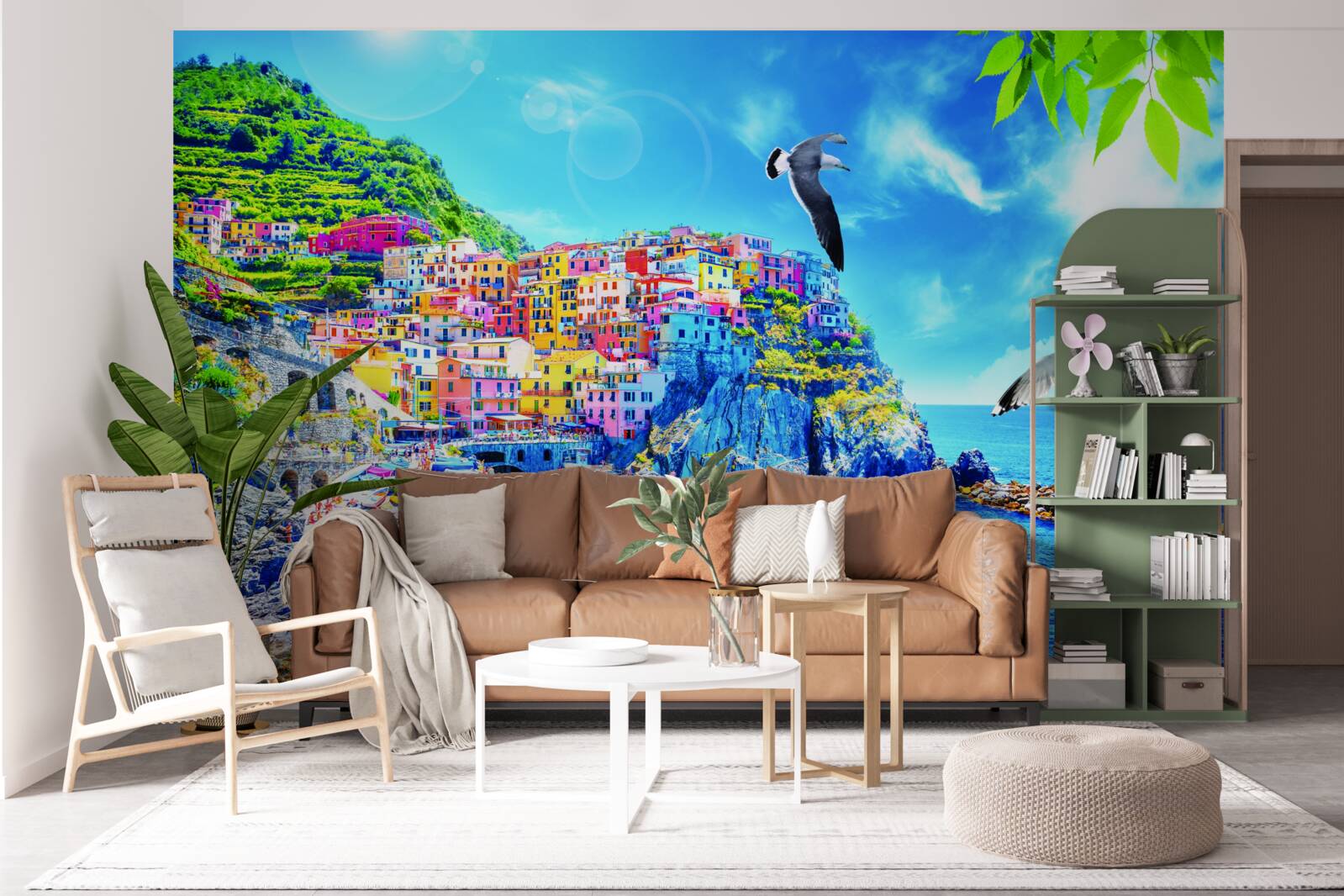 Fototapet oraș mic lângă mare, pe stânci frumoase, scăldat în lumină strălucitoare