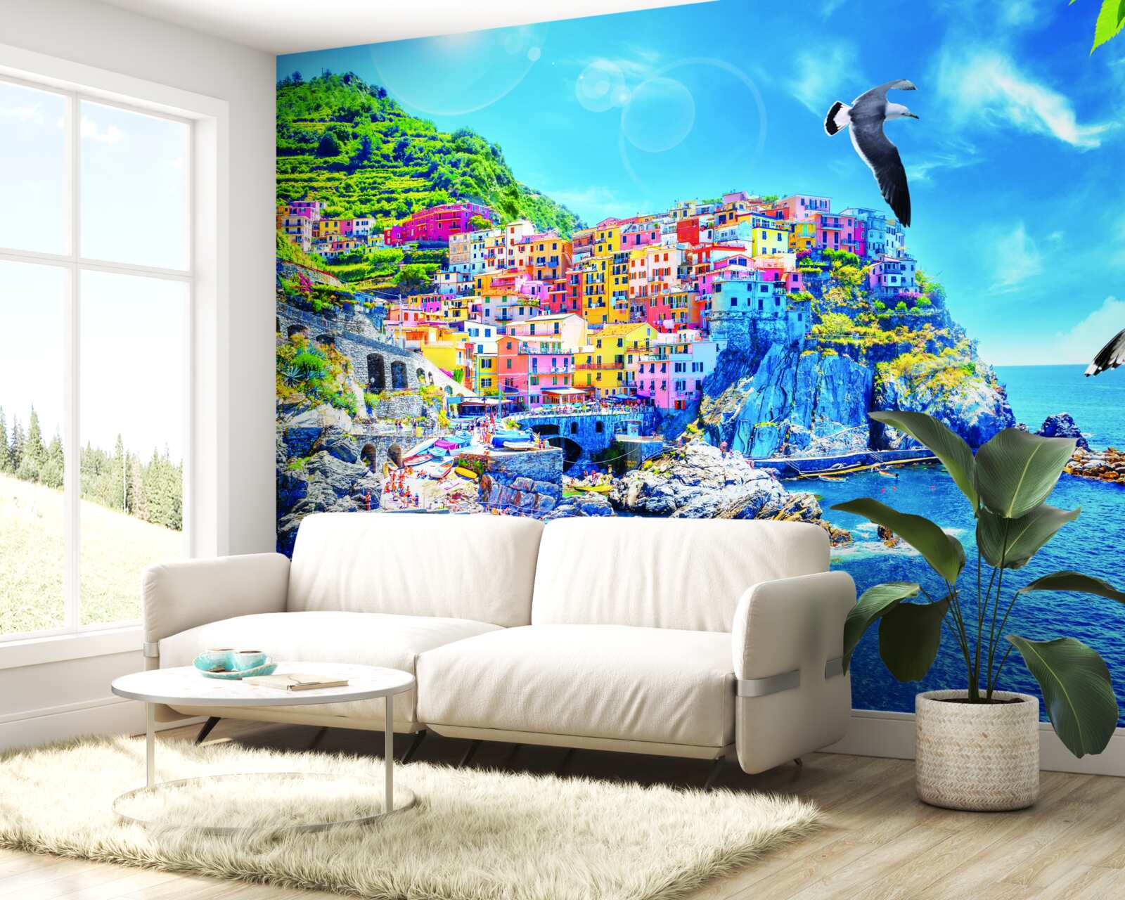 Fototapet oraș mic lângă mare, pe stânci frumoase, scăldat în lumină strălucitoare